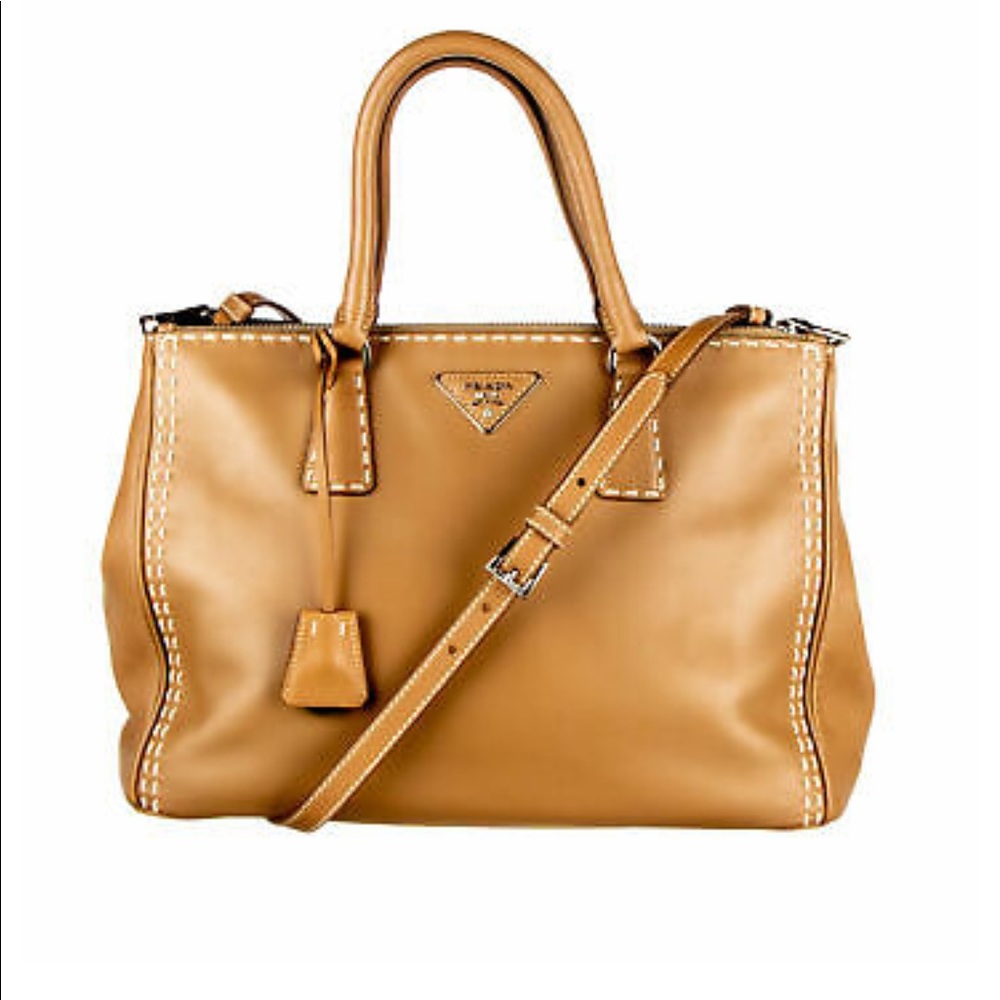Prada Saffiano caramel large double tote bag